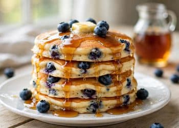 Tall stack of fluffy blueberry buttermilk pancakes with maple syrup dripping and fresh blueberries