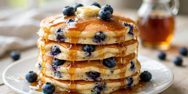 Tall stack of fluffy blueberry buttermilk pancakes with maple syrup dripping and fresh blueberries