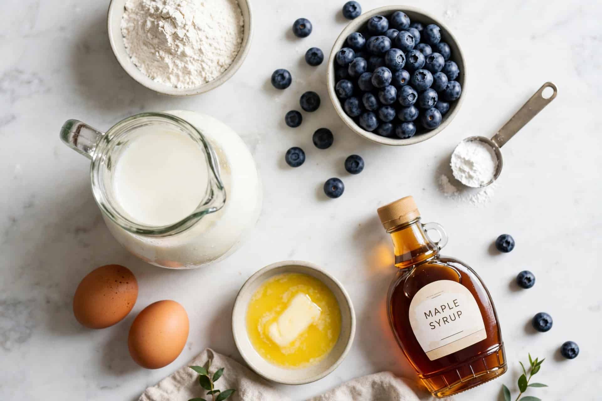 Ingredients for blueberry buttermilk pancakes: flour, blueberries, buttermilk, eggs, butter and maple syrup