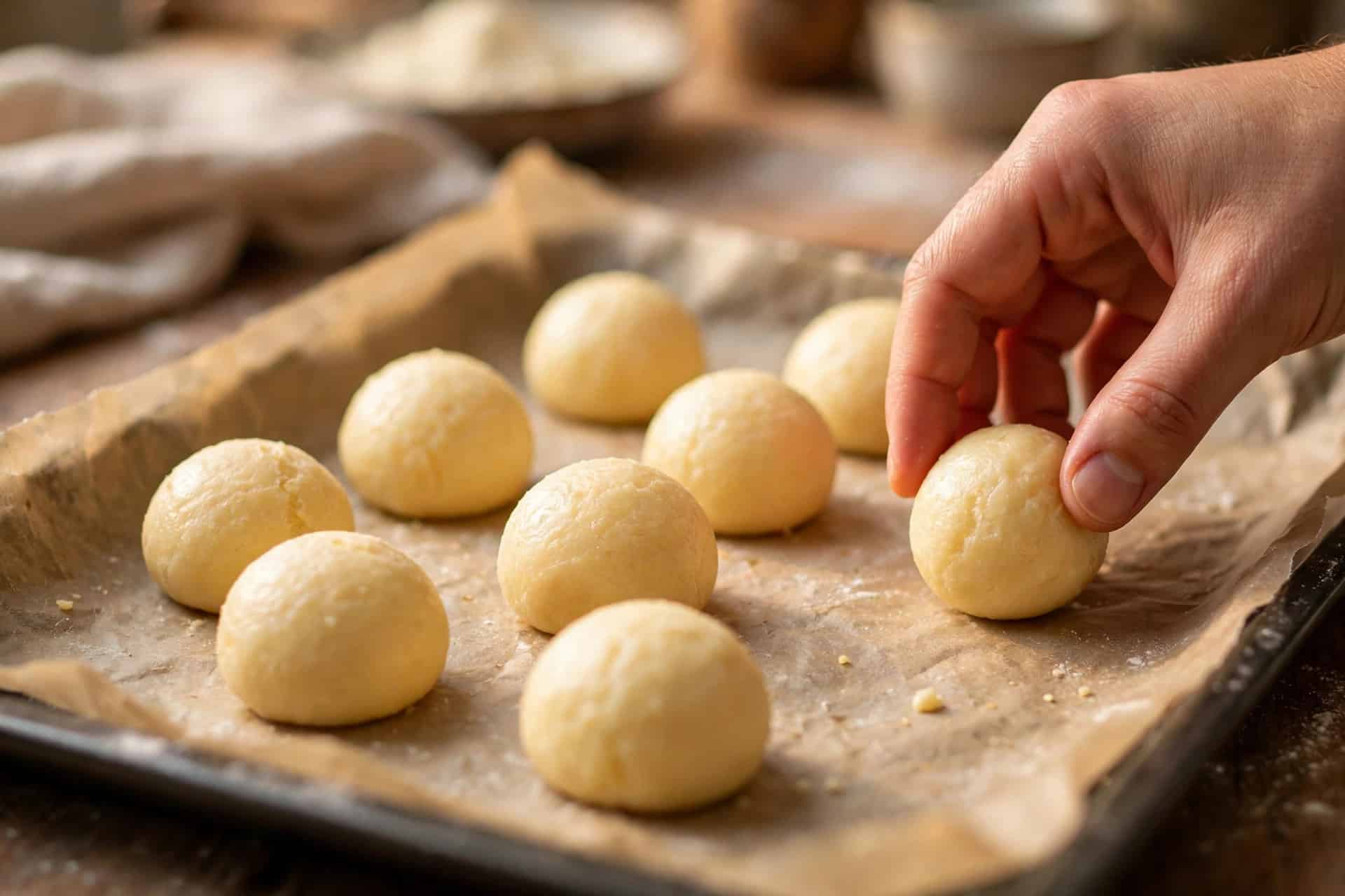 Raw pao de queijo dough balls on baking tray