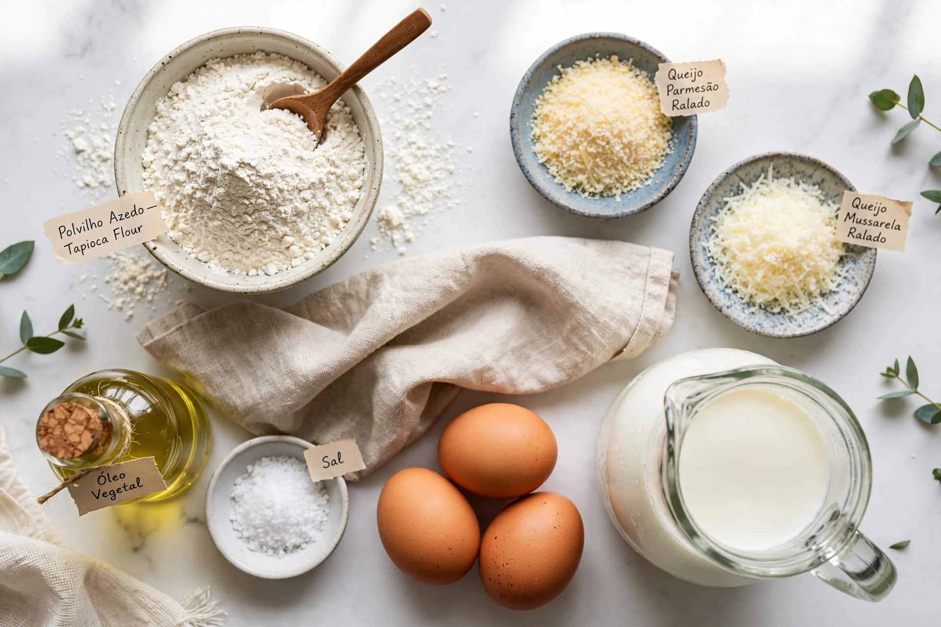 Ingredients for pao de queijo: tapioca flour, cheese, eggs, milk