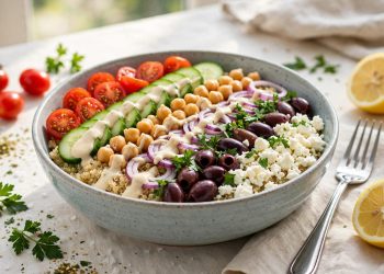 Mediterranean quinoa power bowl with chickpeas, feta, tomatoes, cucumber, olives and tahini dressing