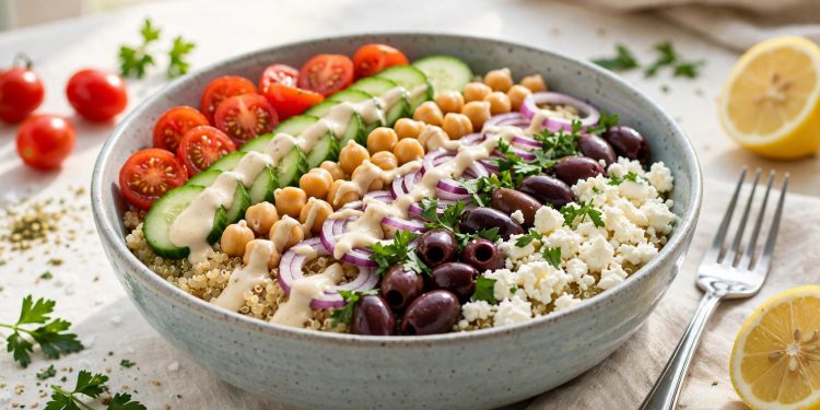 Mediterranean quinoa power bowl with chickpeas, feta, tomatoes, cucumber, olives and tahini dressing