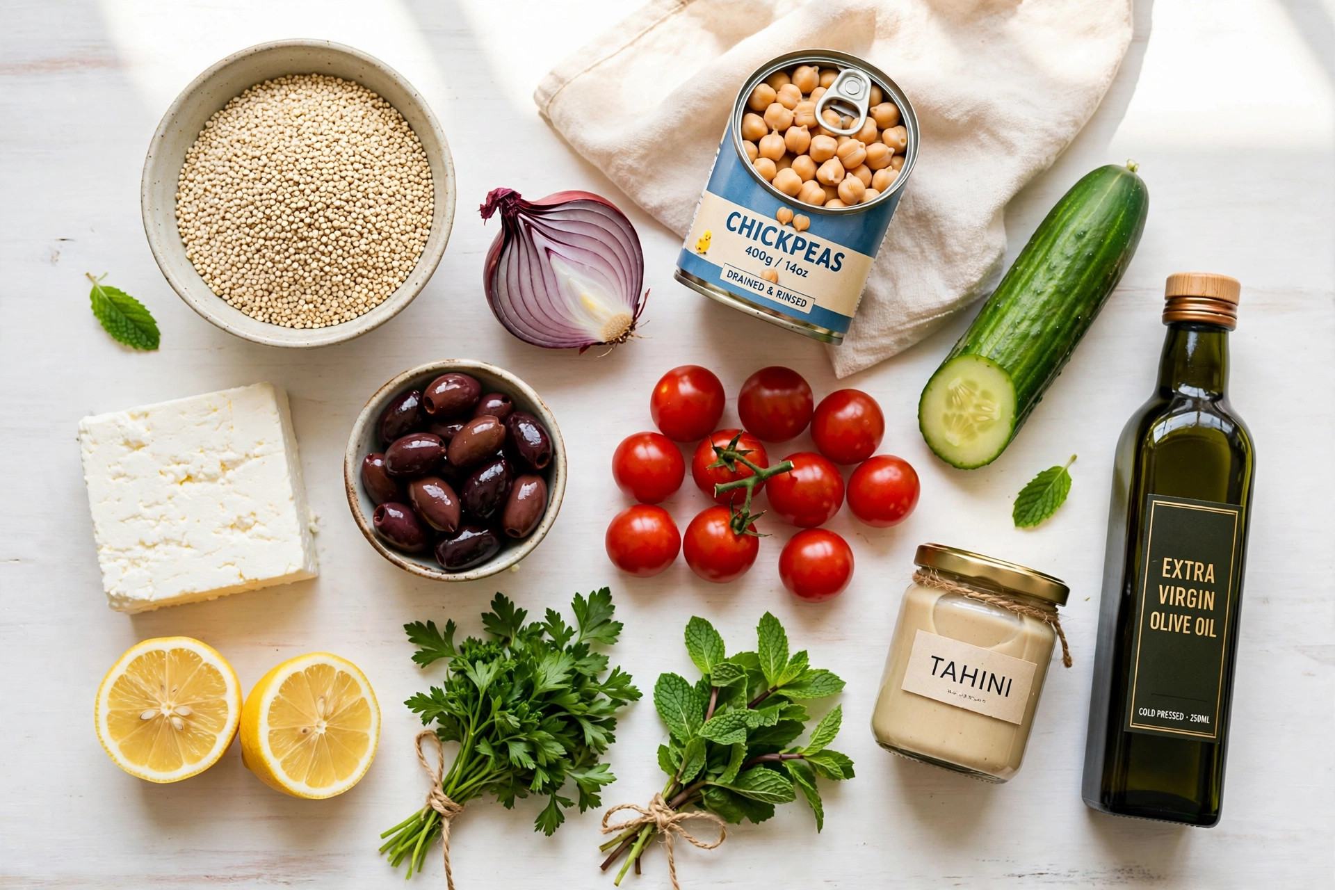 quinoa bowl ingredients flat lay