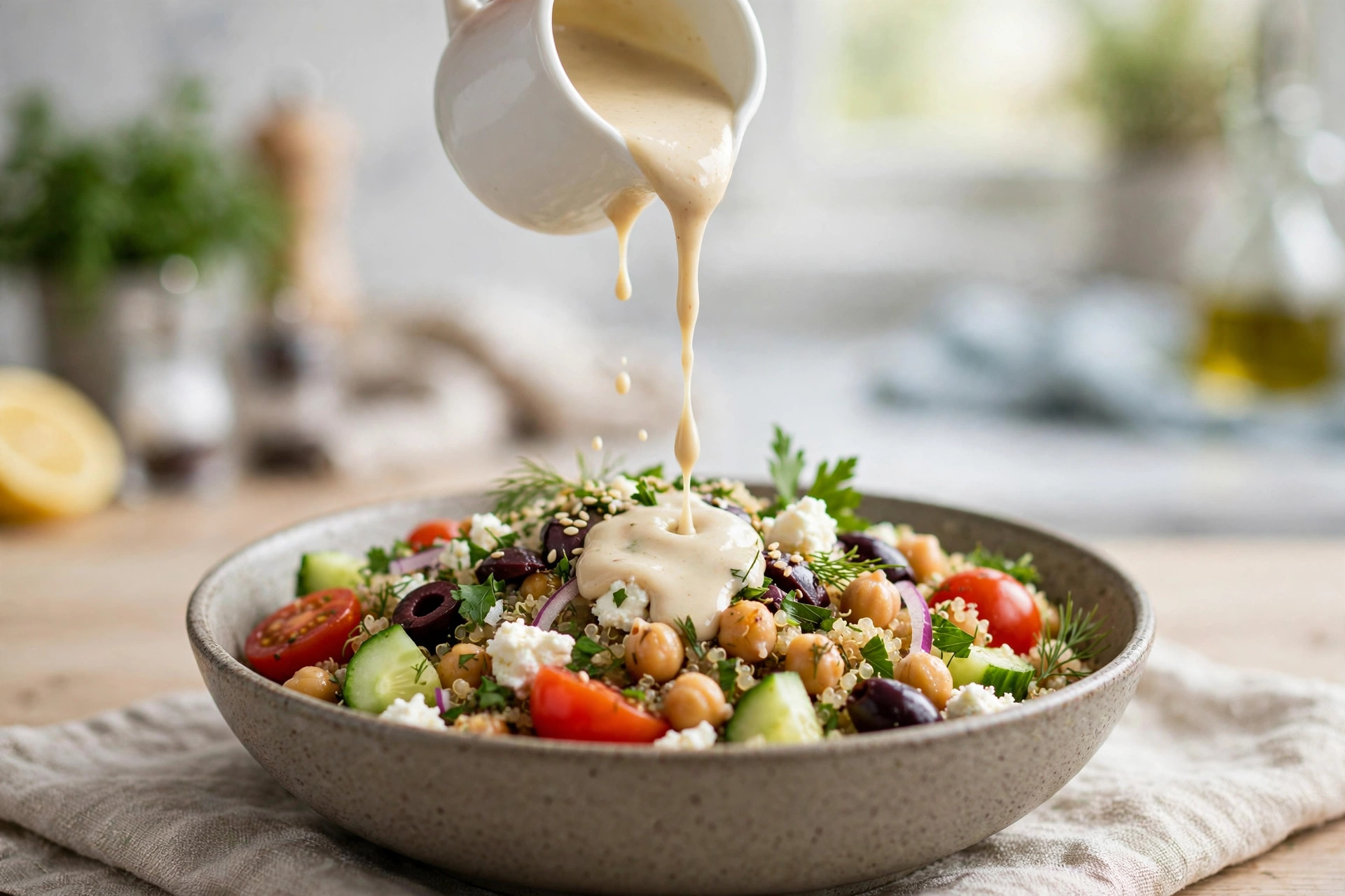 drizzling tahini dressing over quinoa bowl
