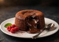 Molten chocolate lava cake with gooey chocolate center flowing out, served with fresh raspberries