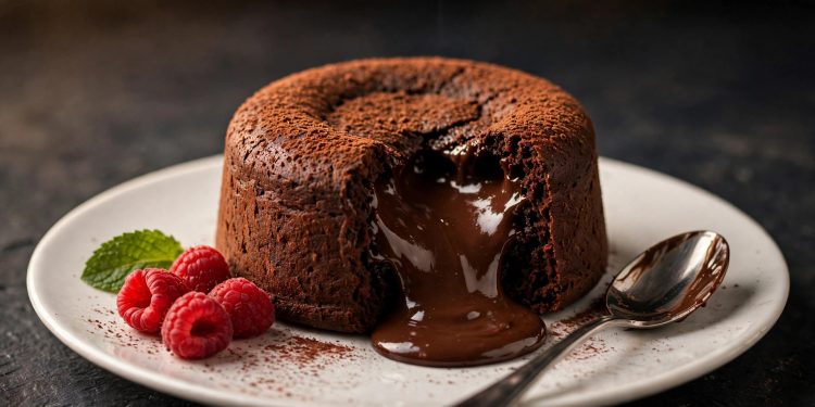 Molten chocolate lava cake with gooey chocolate center flowing out, served with fresh raspberries