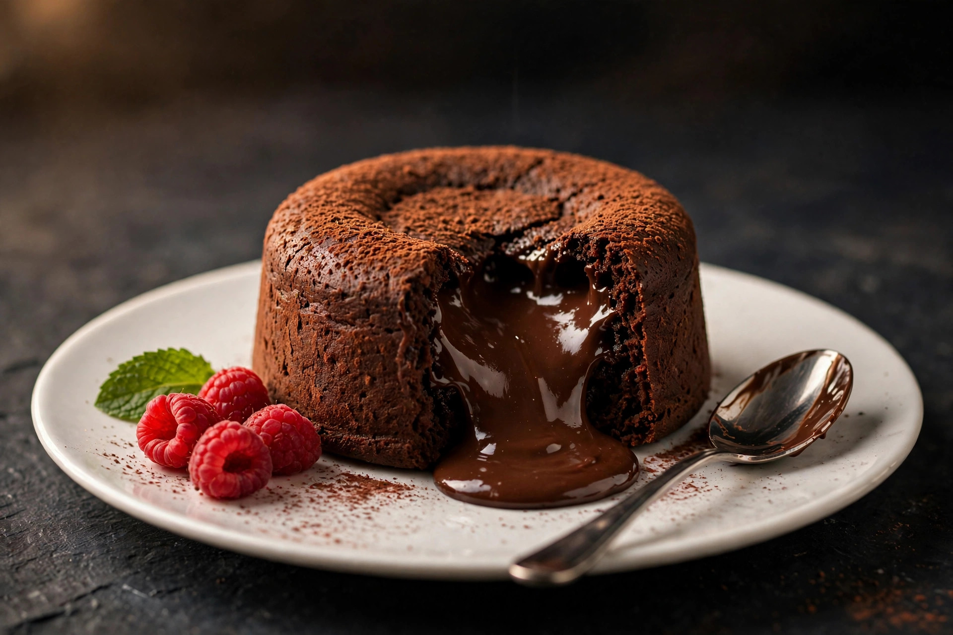 Molten chocolate lava cake with gooey chocolate center flowing out, served with fresh raspberries