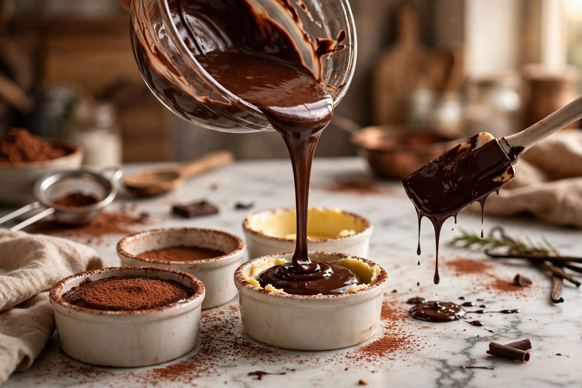 pouring melted chocolate into ramekins