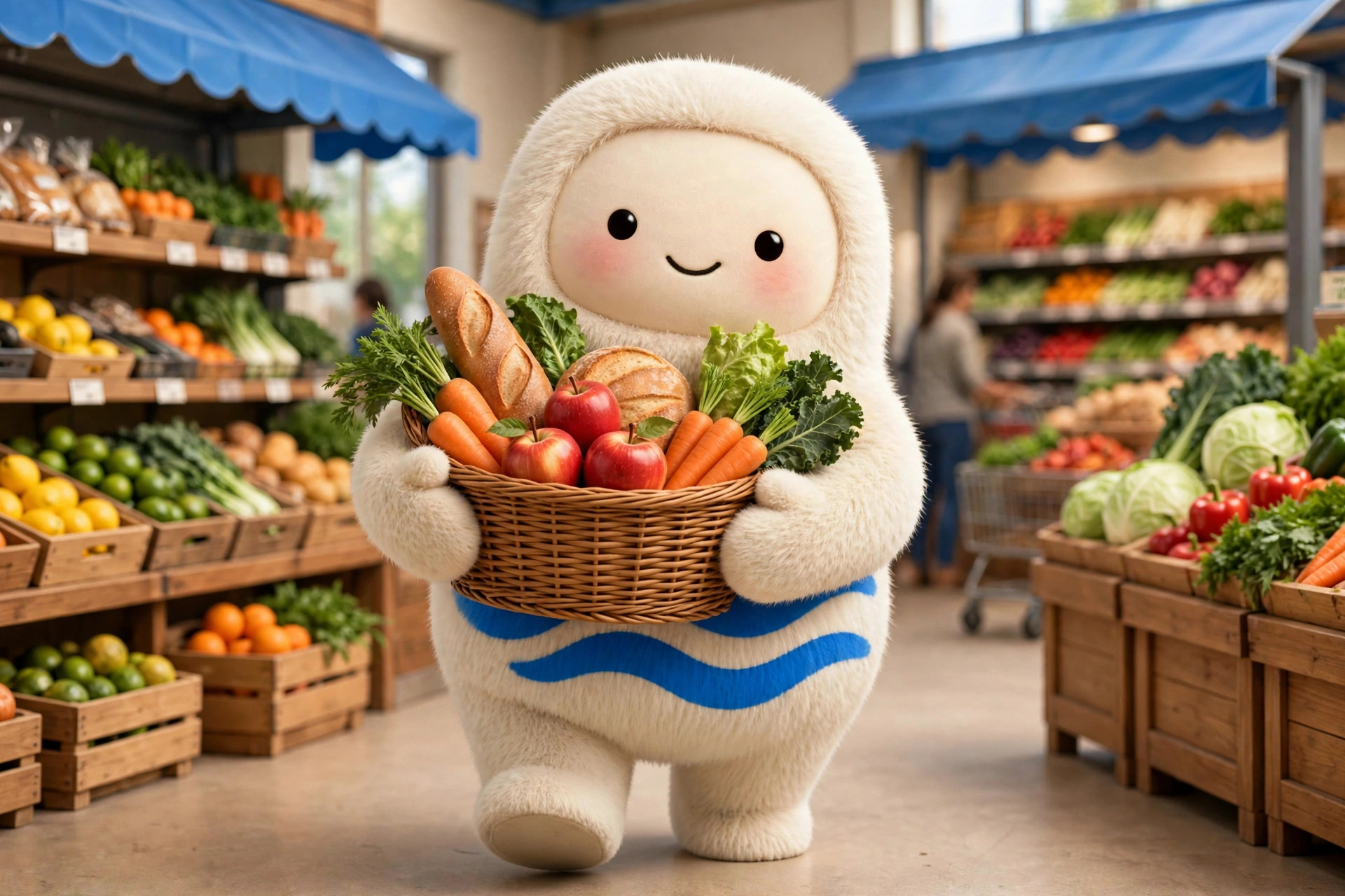 Muse mascot holding a wicker basket of colorful groceries