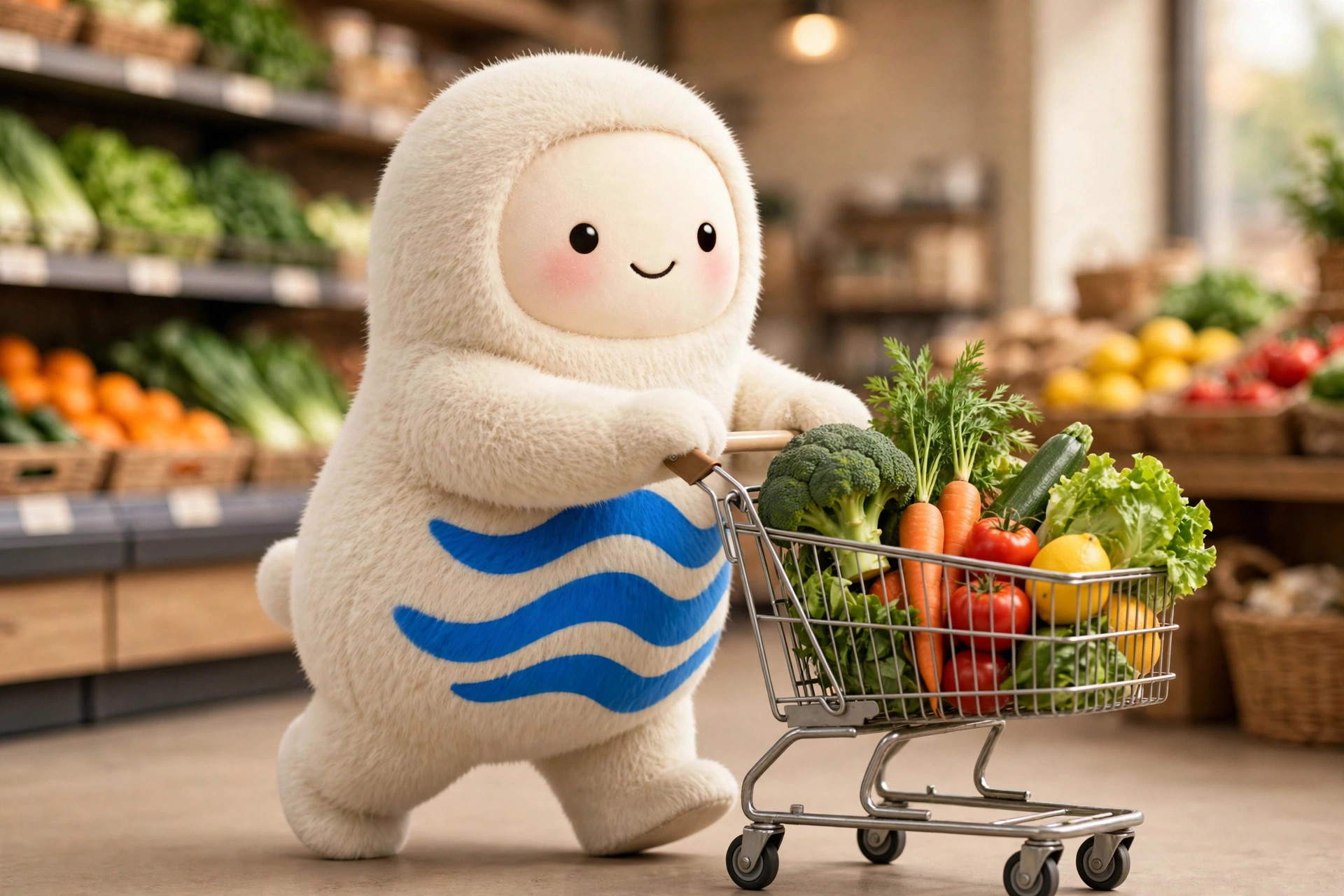 Muse mascot pushing a small shopping cart of fresh produce