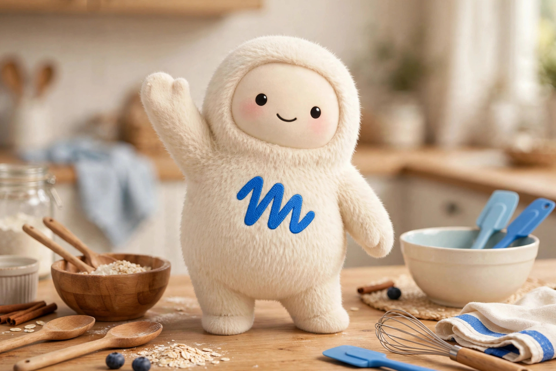 Muse mascot among wooden spoons, bowls and a whisk