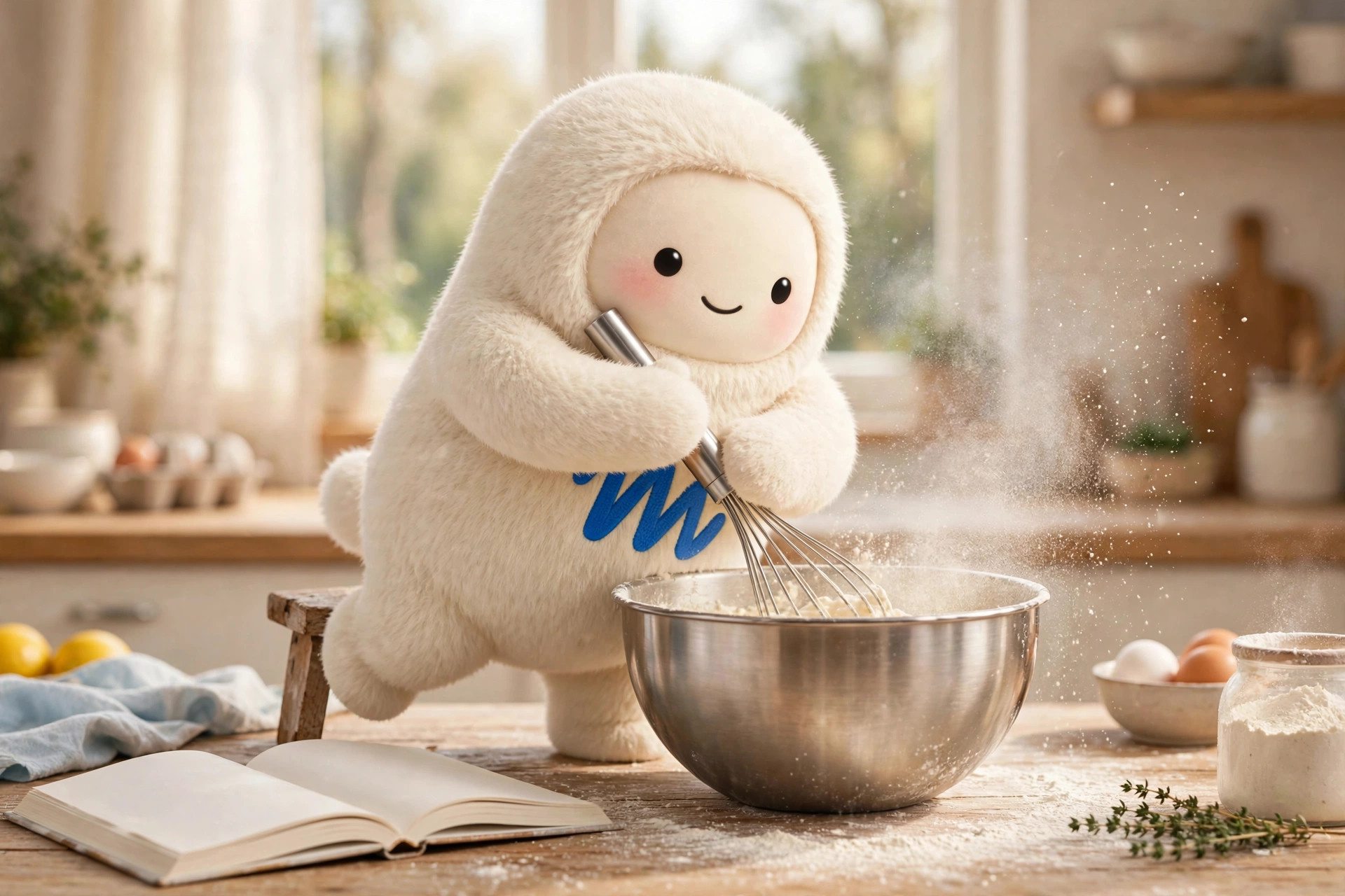 Muse mascot whisking ingredients in a mixing bowl