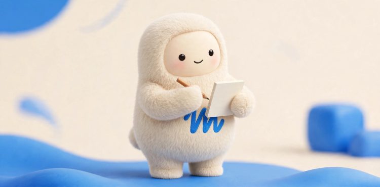 Muse mascot with a blank notepad and pencil