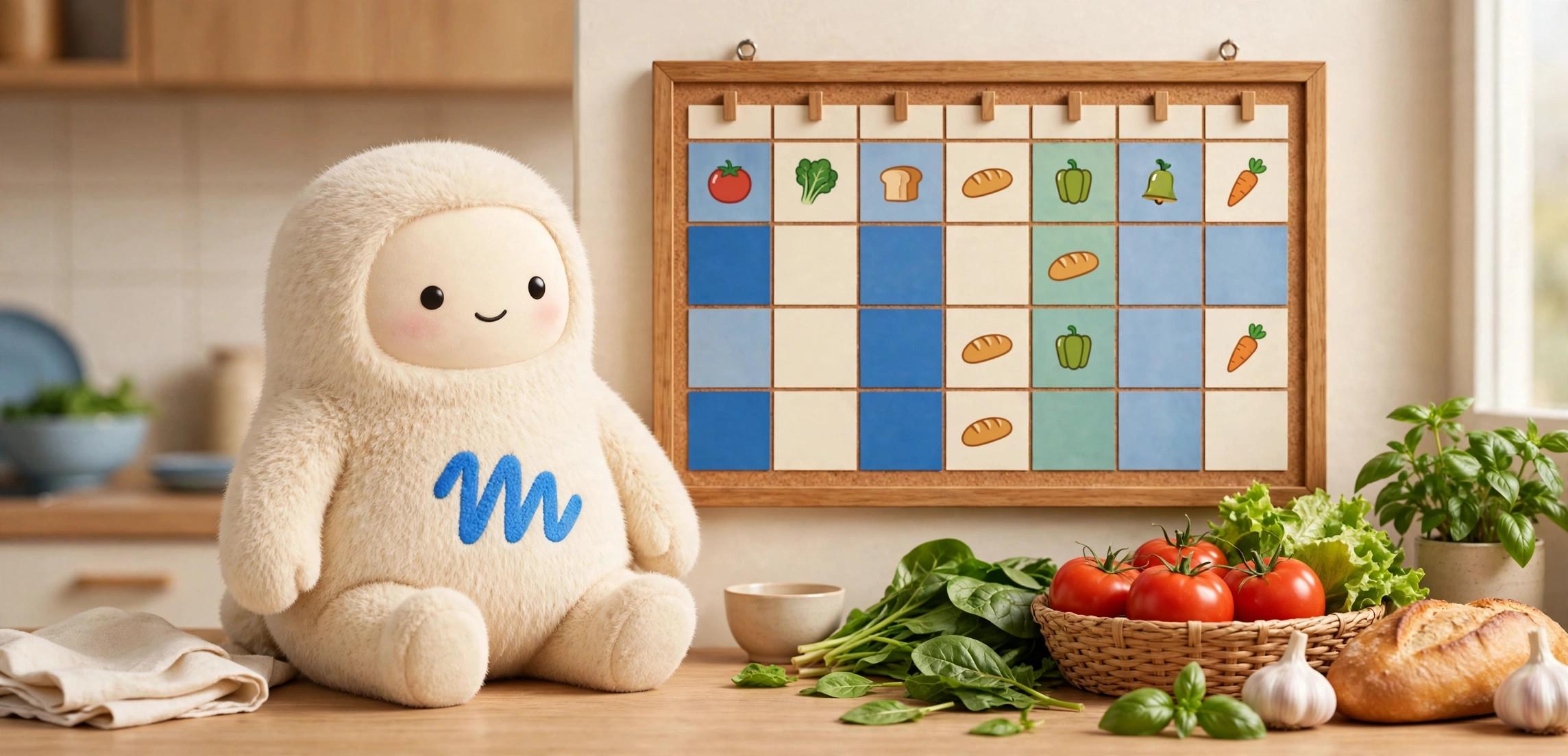 Muse mascot next to a weekly meal-planner board with groceries