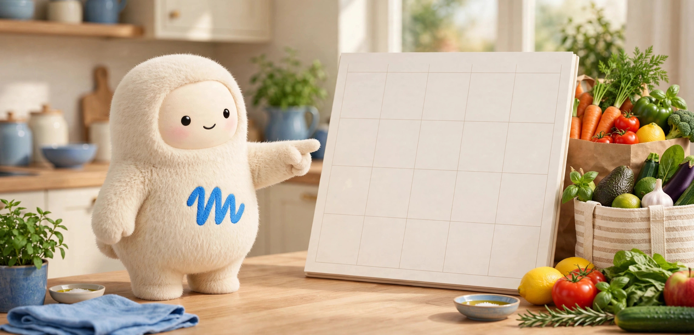 Muse mascot pointing at a weekly calendar planner with grocery bags