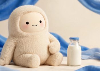 Muse mascot with a milk bottle in a studio portrait