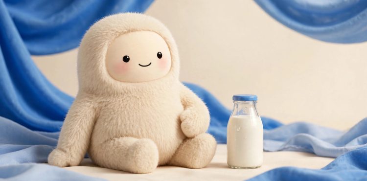 Muse mascot with a milk bottle in a studio portrait