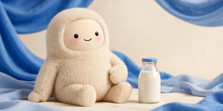 Muse mascot with a milk bottle in a studio portrait