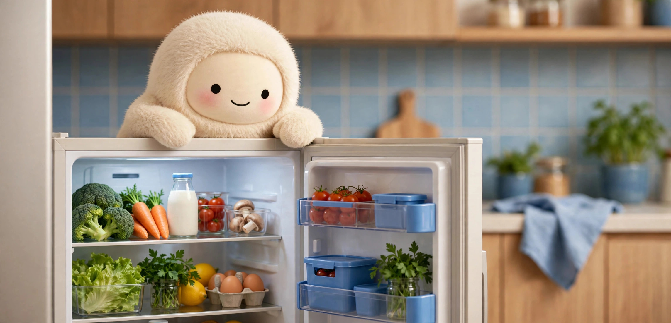 Muse mascot peeking into an open refrigerator