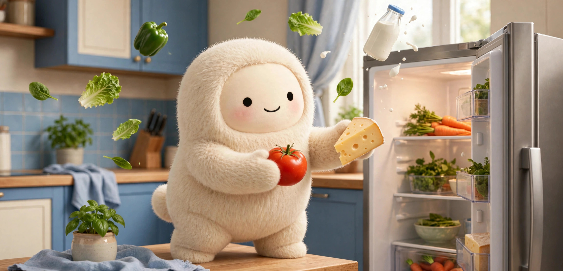 Muse mascot taking a tomato and cheese out of the fridge