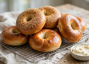 Glossy golden bagels, some topped with sesame seeds, piled on a wire cooling rack