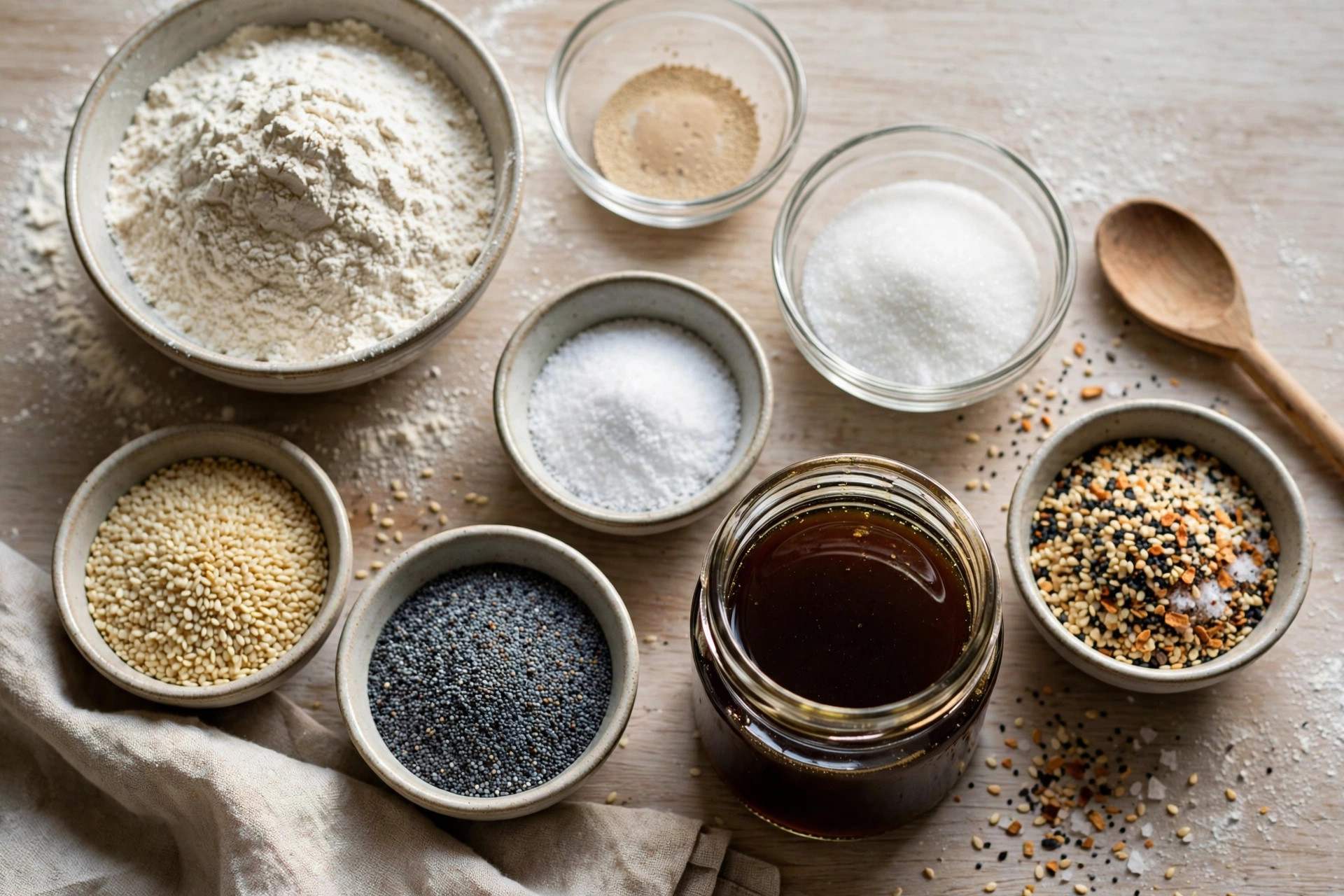 Bread flour, yeast, sugar, salt, barley malt syrup, sesame seeds, poppy seeds, and everything seasoning on a counter