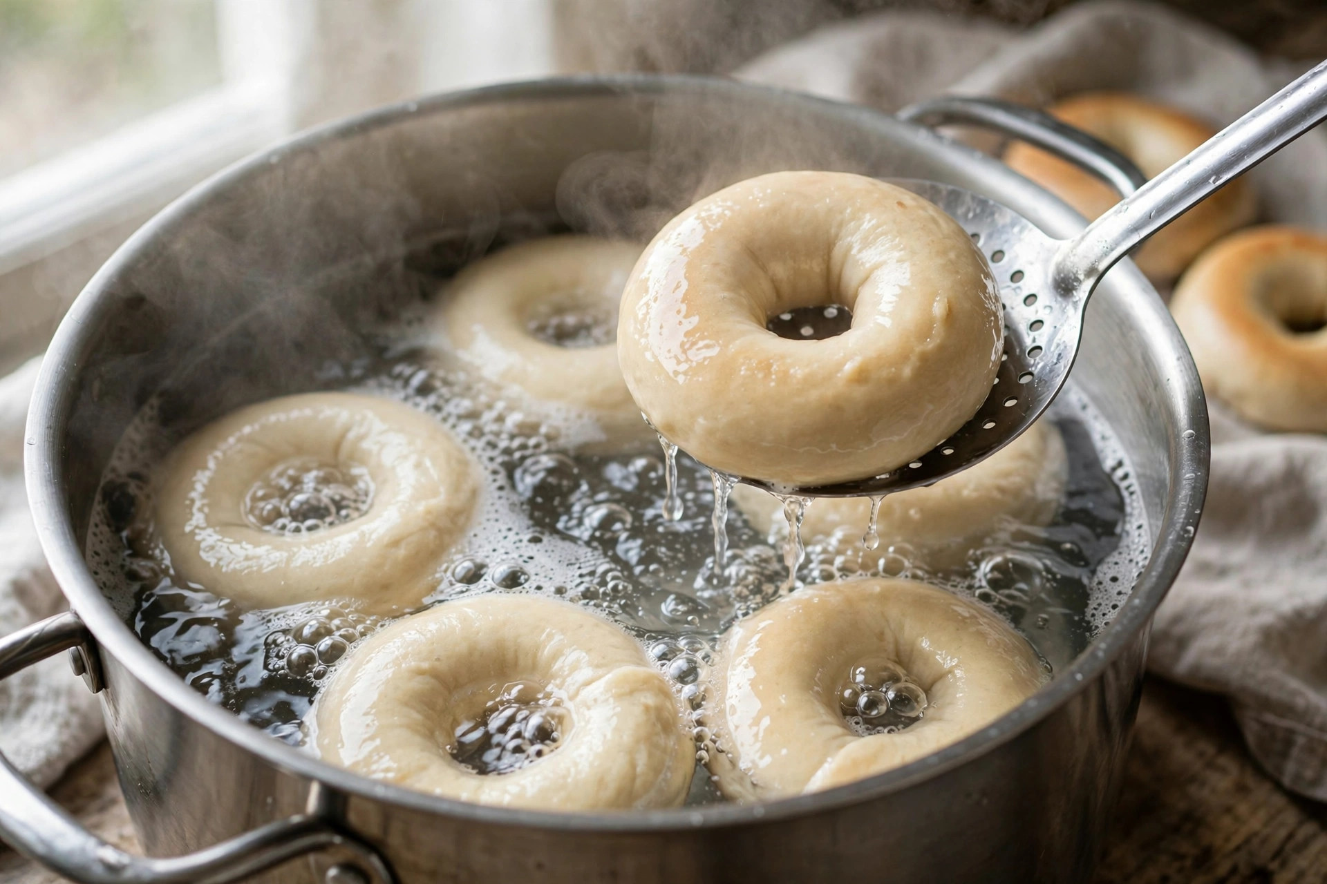 Raw bagels boiling in a large pot of bubbling water, a slotted spoon lifting one out