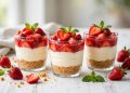 No-bake strawberry cheesecake cups layered with graham crust, creamy filling, and fresh strawberries