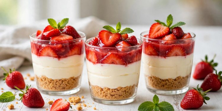 No-bake strawberry cheesecake cups layered with graham crust, creamy filling, and fresh strawberries