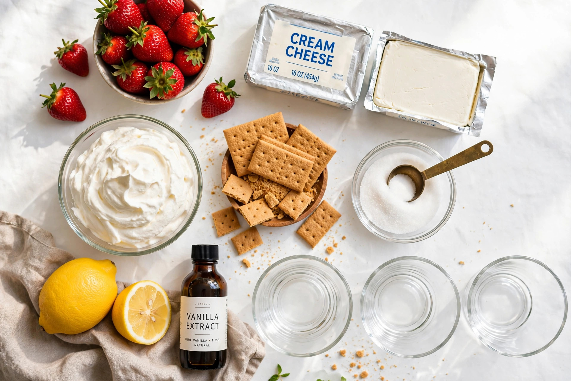 strawberry cheesecake cup ingredients flat lay