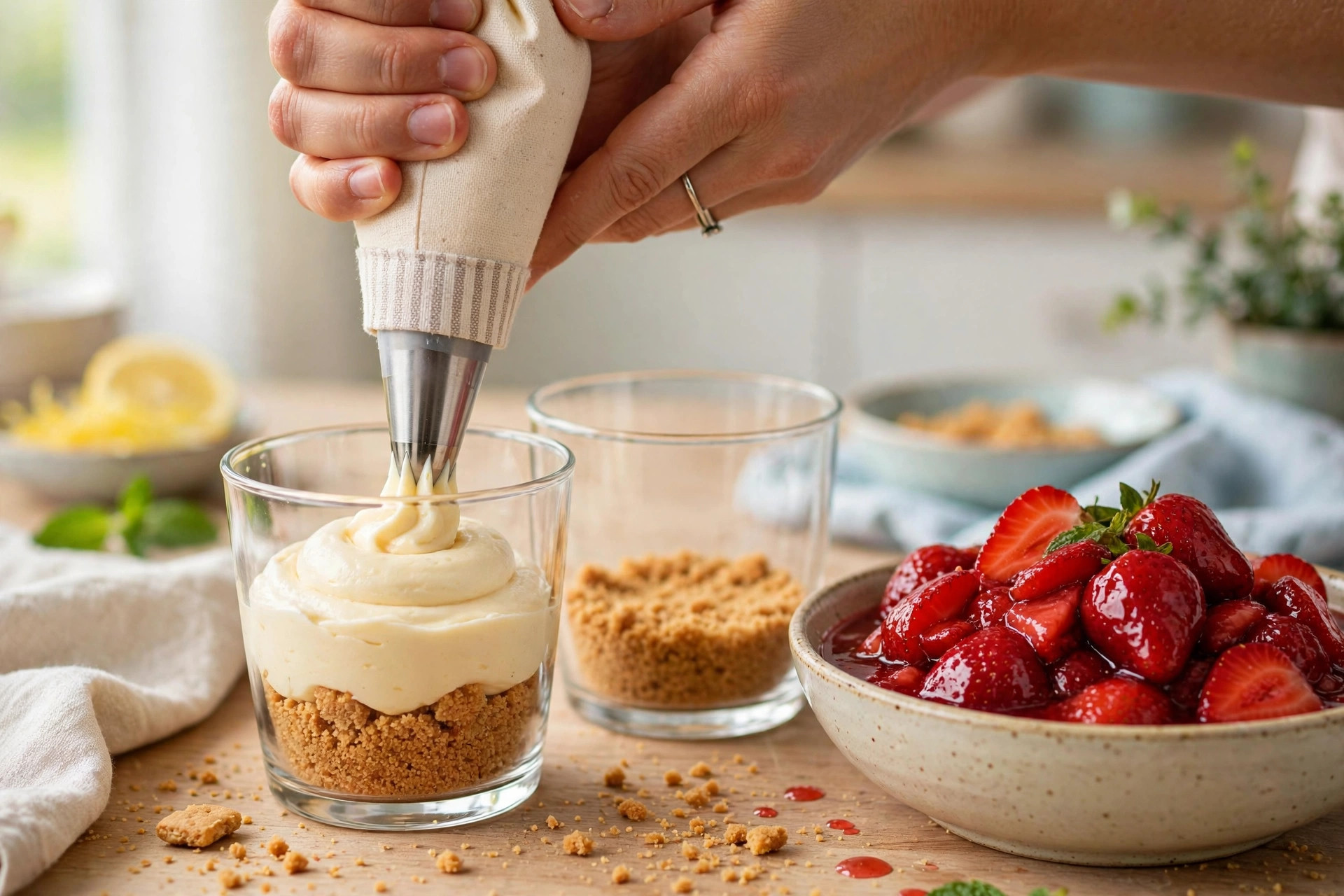 piping cheesecake filling into cups