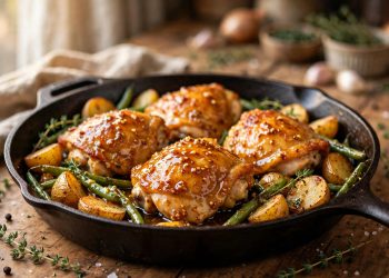 Cast iron skillet of glazed honey mustard chicken thighs with roasted potatoes, green beans, and thyme