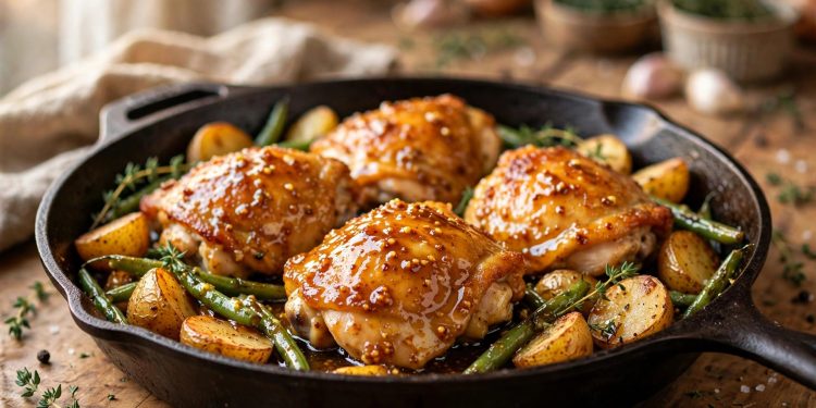 Cast iron skillet of glazed honey mustard chicken thighs with roasted potatoes, green beans, and thyme