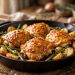 Cast iron skillet of glazed honey mustard chicken thighs with roasted potatoes, green beans, and thyme