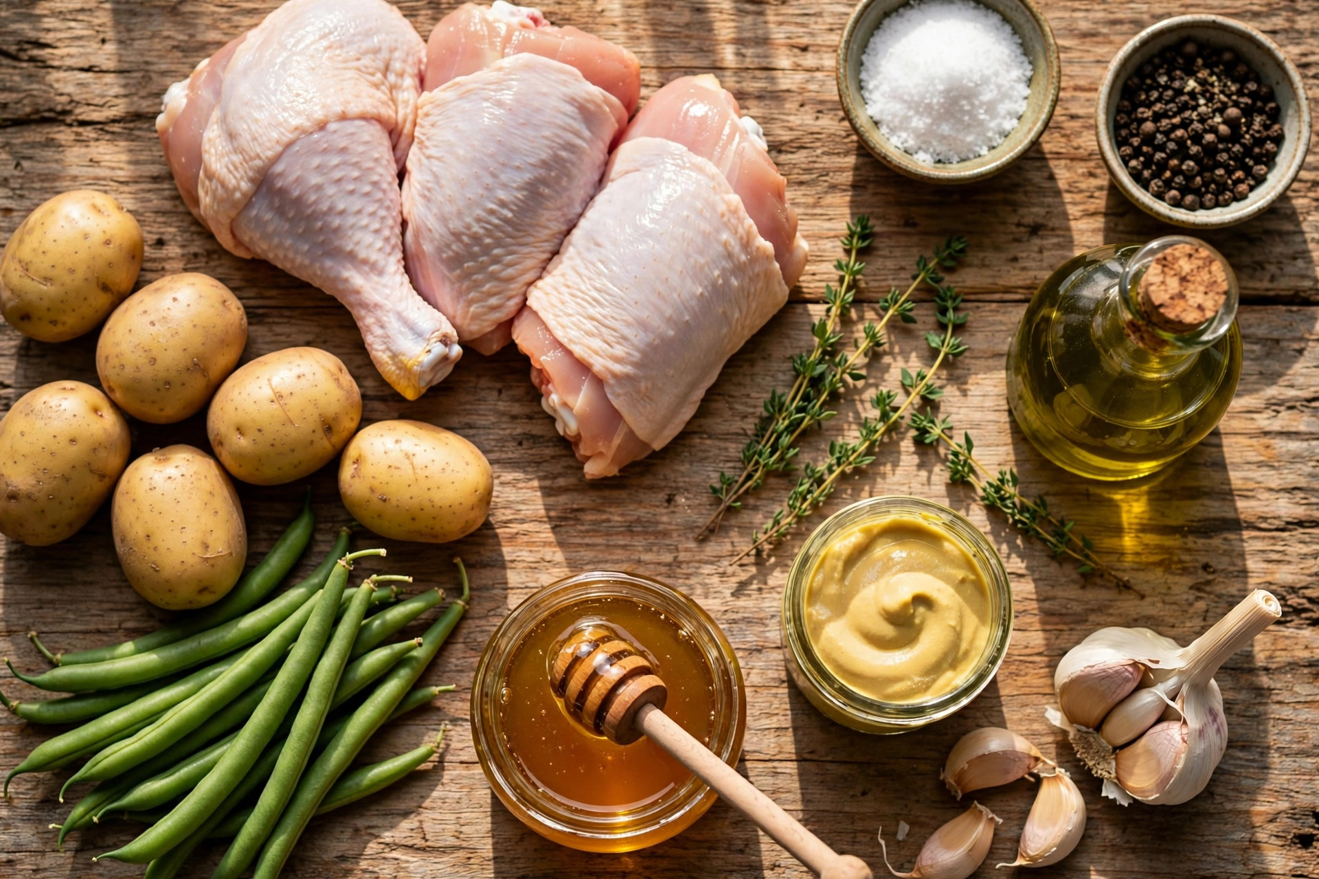 honey mustard chicken ingredients flat lay with chicken, potatoes and green beans