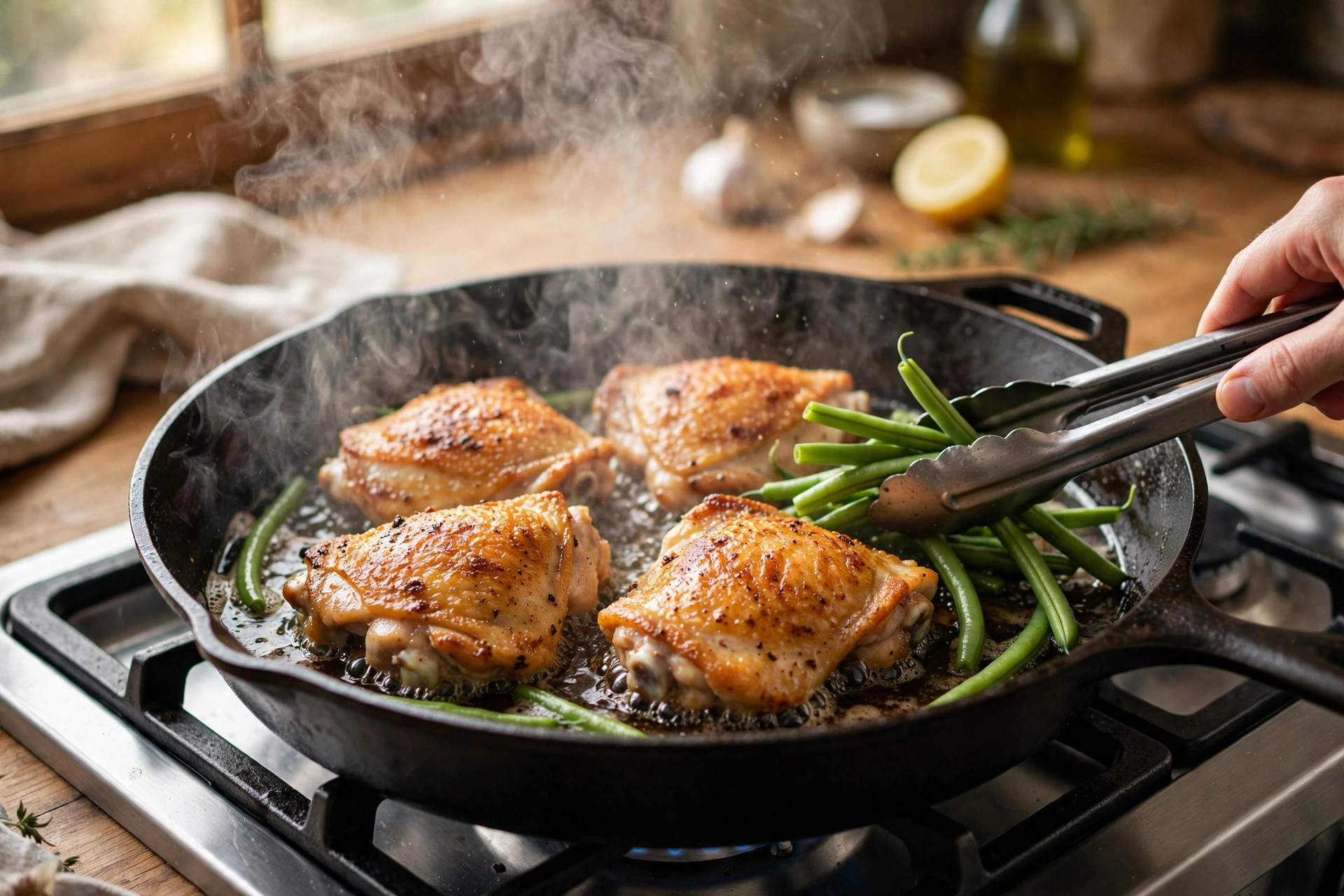 searing chicken thighs skin-side down in a cast iron skillet