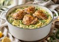 One-pot lemon herb chicken and orzo with chicken thighs, lemon slices, and fresh herbs
