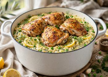 One-pot lemon herb chicken and orzo with chicken thighs, lemon slices, and fresh herbs