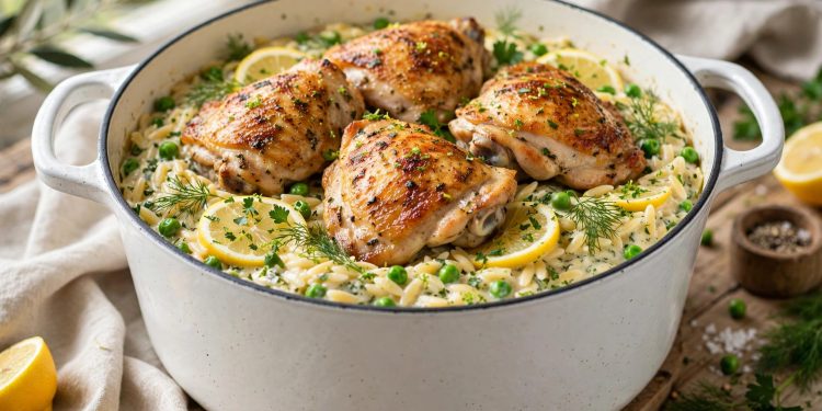 One-pot lemon herb chicken and orzo with chicken thighs, lemon slices, and fresh herbs