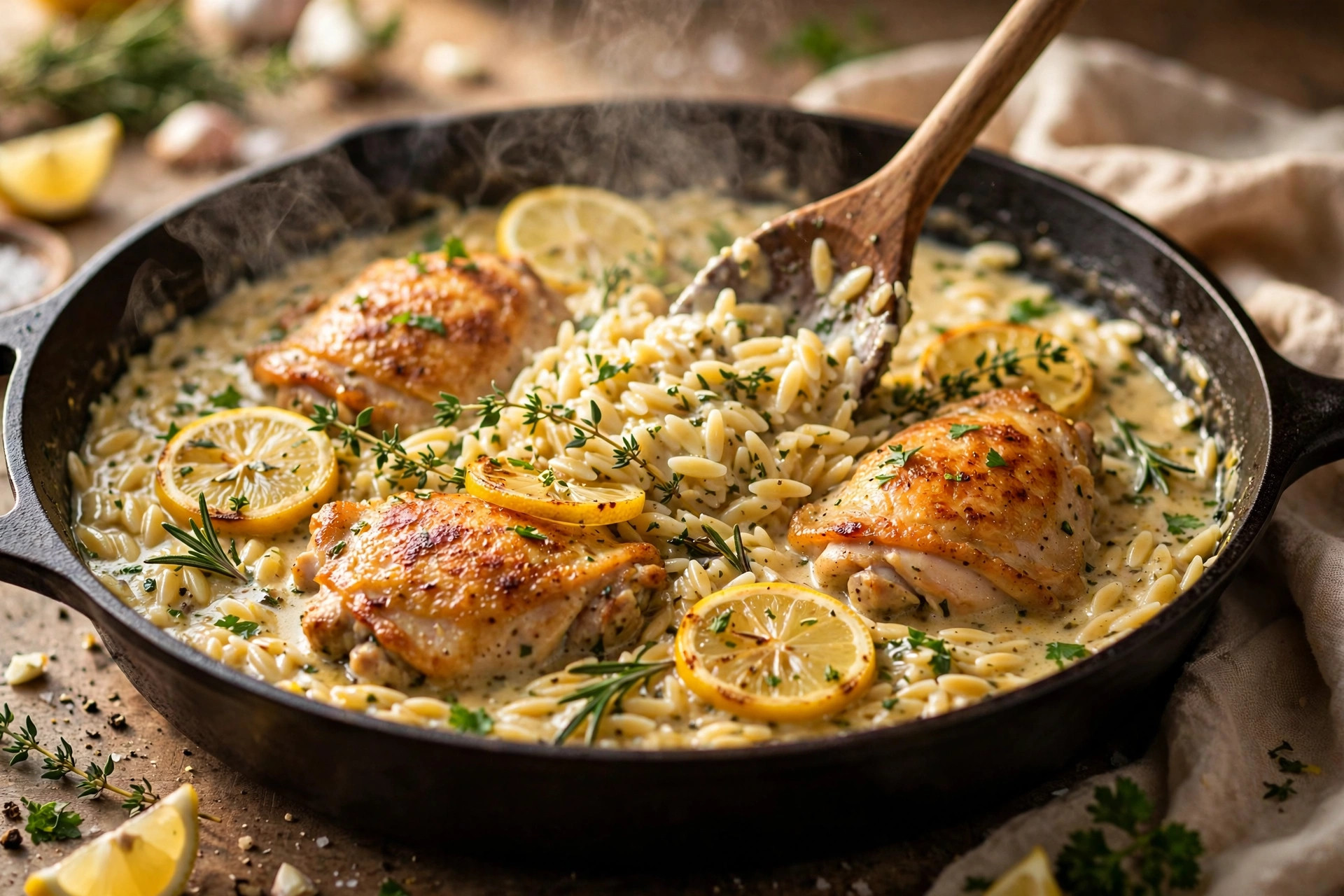 stirring the orzo in the pot