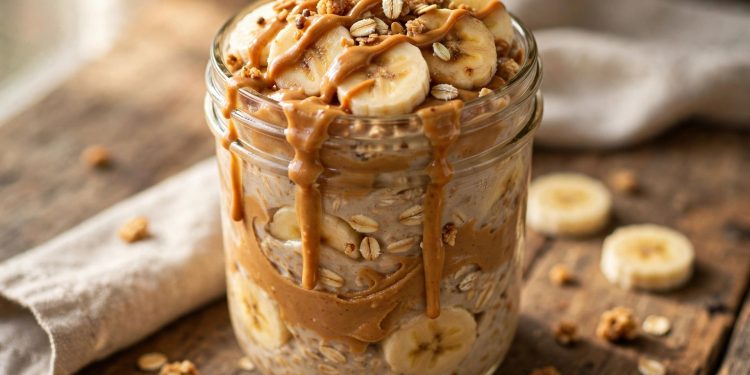 Mason jar of peanut butter banana overnight oats topped with banana slices, peanut butter drizzle and granola