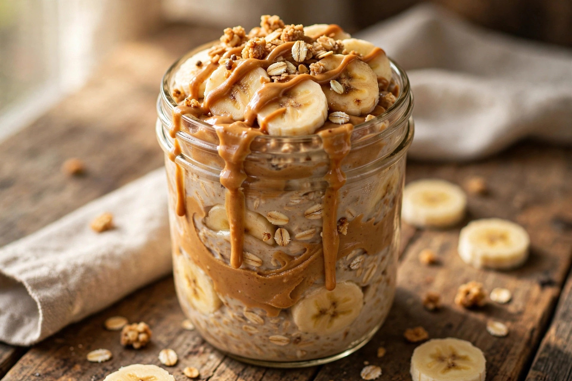 Mason jar of peanut butter banana overnight oats topped with banana slices, peanut butter drizzle and granola