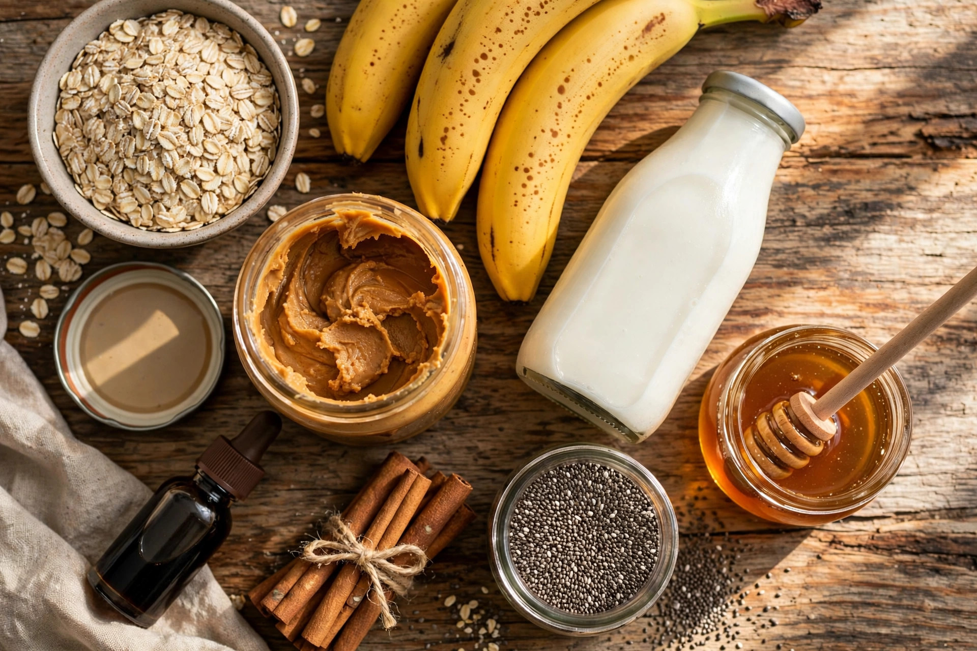 flat lay of overnight oats ingredients on a rustic wooden table