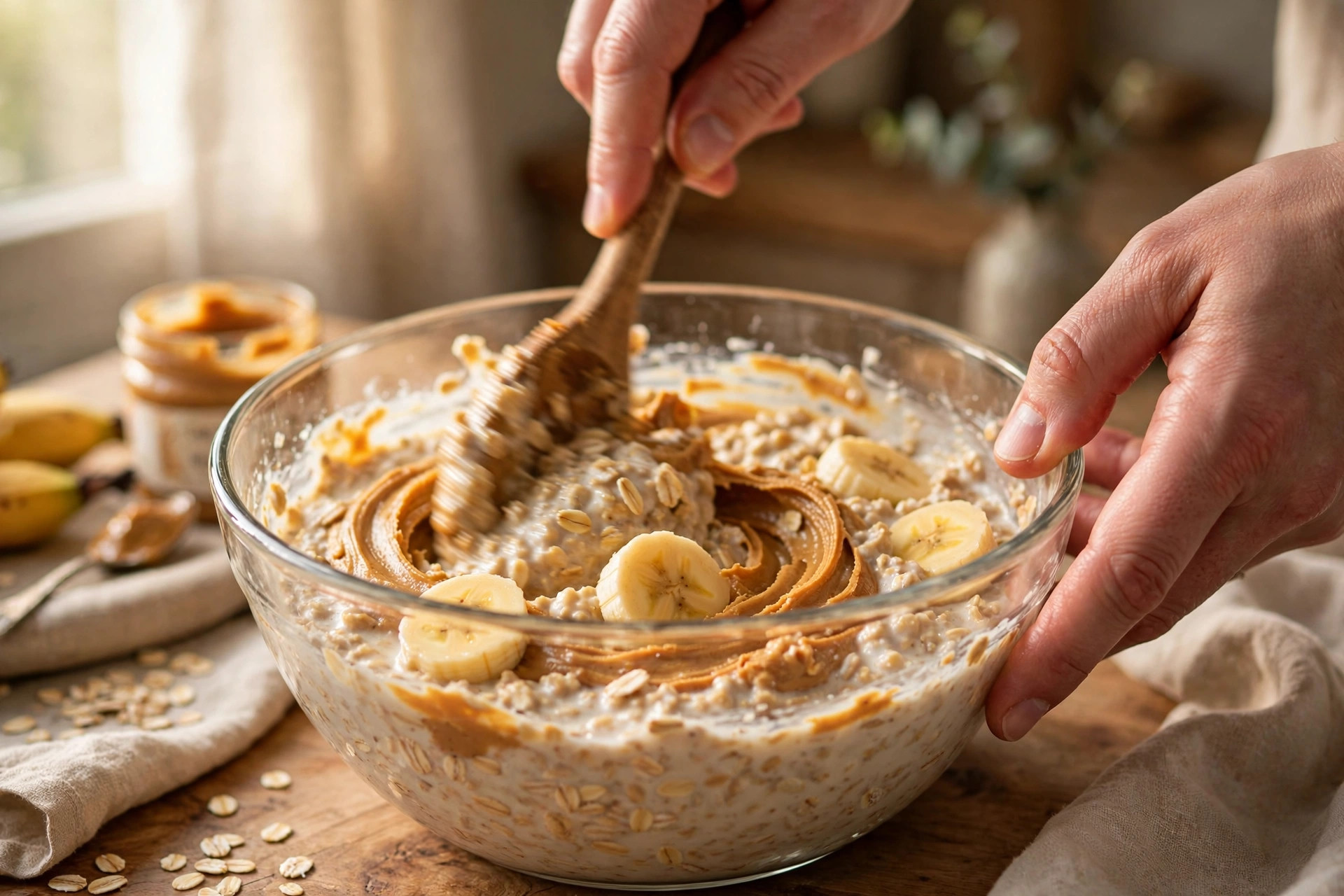 stirring overnight oats mixture with banana and peanut butter in a glass bowl