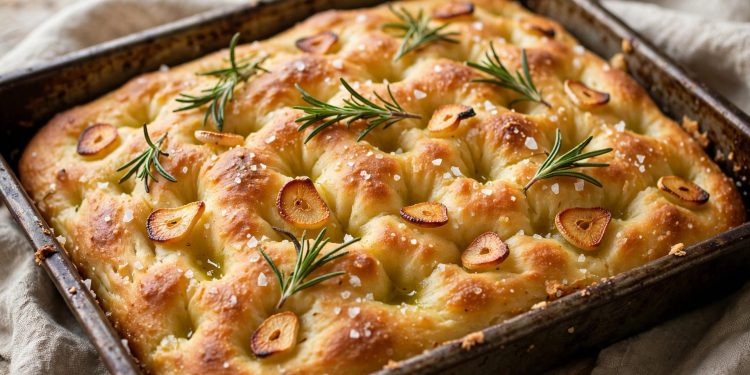 Golden focaccia with deep dimples, fresh rosemary, roasted garlic slices, and flaky salt in a pan