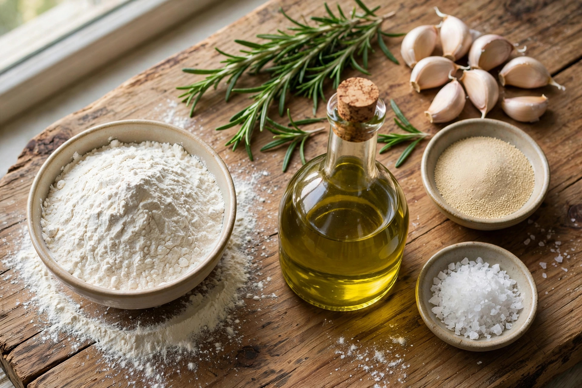 Bowl of flour, bottle of olive oil, fresh rosemary sprigs, garlic cloves, yeast, and sea salt on a wooden board