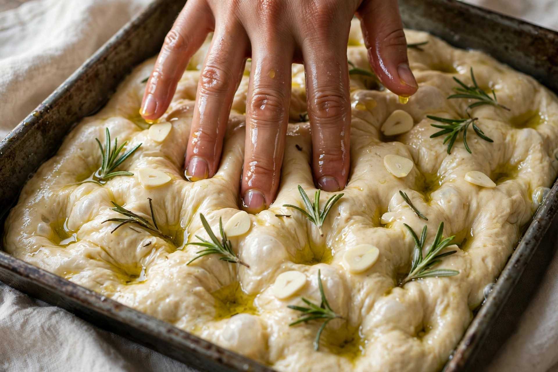 Oiled fingertips pressing deep dimples into raw focaccia dough topped with rosemary and garlic