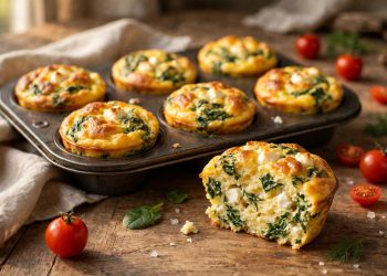 Golden spinach feta egg muffins in a muffin tray, one cut open showing fluffy interior with spinach and feta
