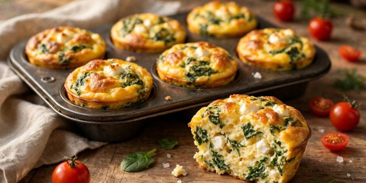 Golden spinach feta egg muffins in a muffin tray, one cut open showing fluffy interior with spinach and feta